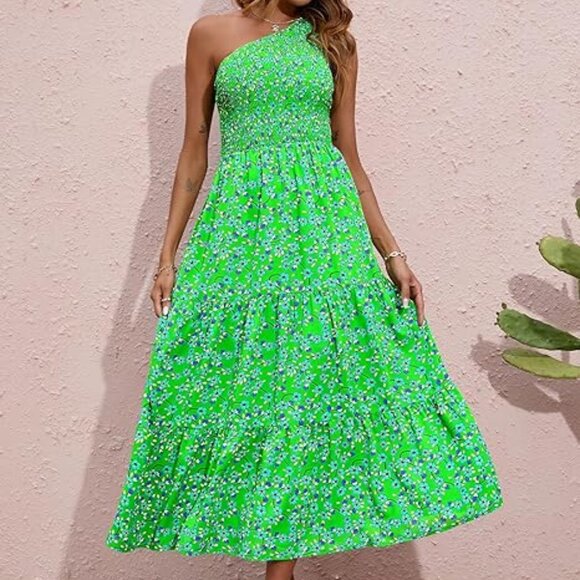 NWT One Shoulder Smocked Tiered Maxi Dress Boho Flowy XXL - Picture 1 of 11